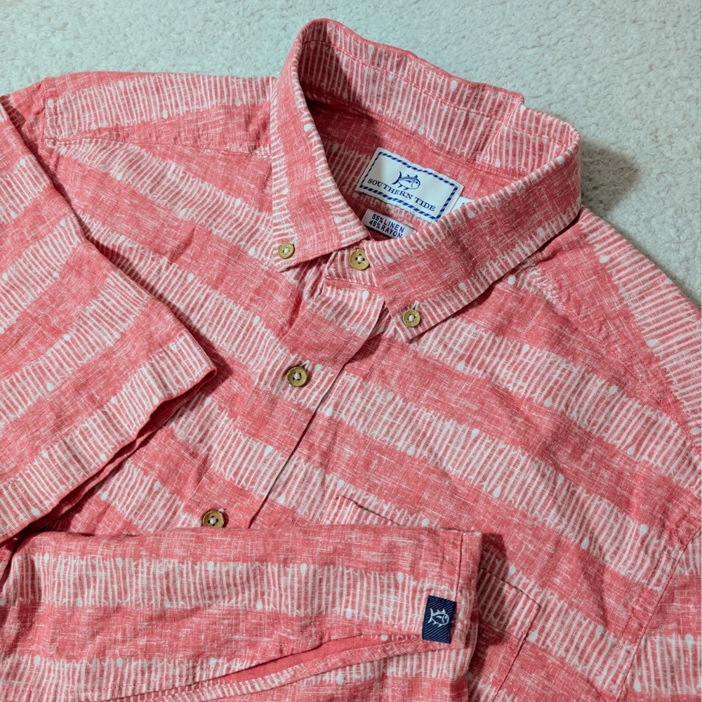 Southern Tide Button Down Shirt Mens Sm Pink Striped Linen Rayon‎ Coastal EUC
